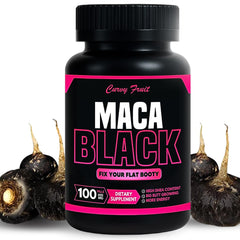 Curvy Fruit black maca bottle close-up for daily vitality.