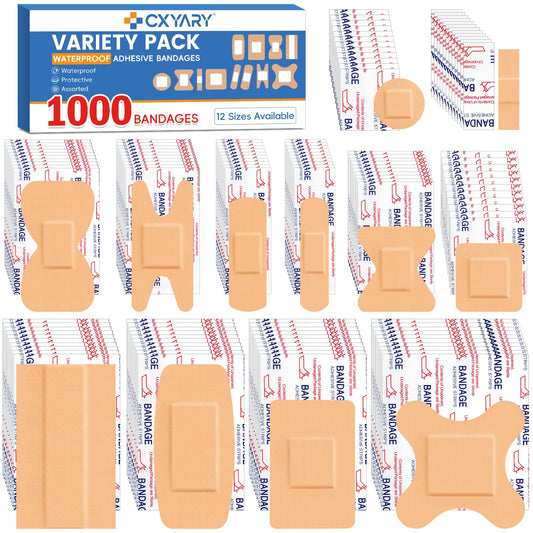 CXYARY 1000-count bandages in assorted bulk pack for quick home first aid.