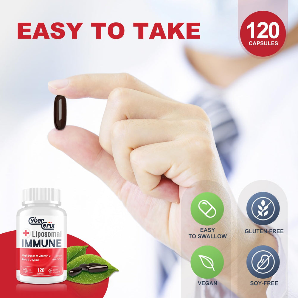 The CyberCerix Liposomal Immune Support capsules are poured, illustrating a convenient daily regimen.