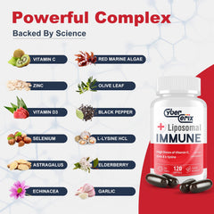 The CyberCerix Liposomal Immune Support ingredients chart displays lysine and vitamins.