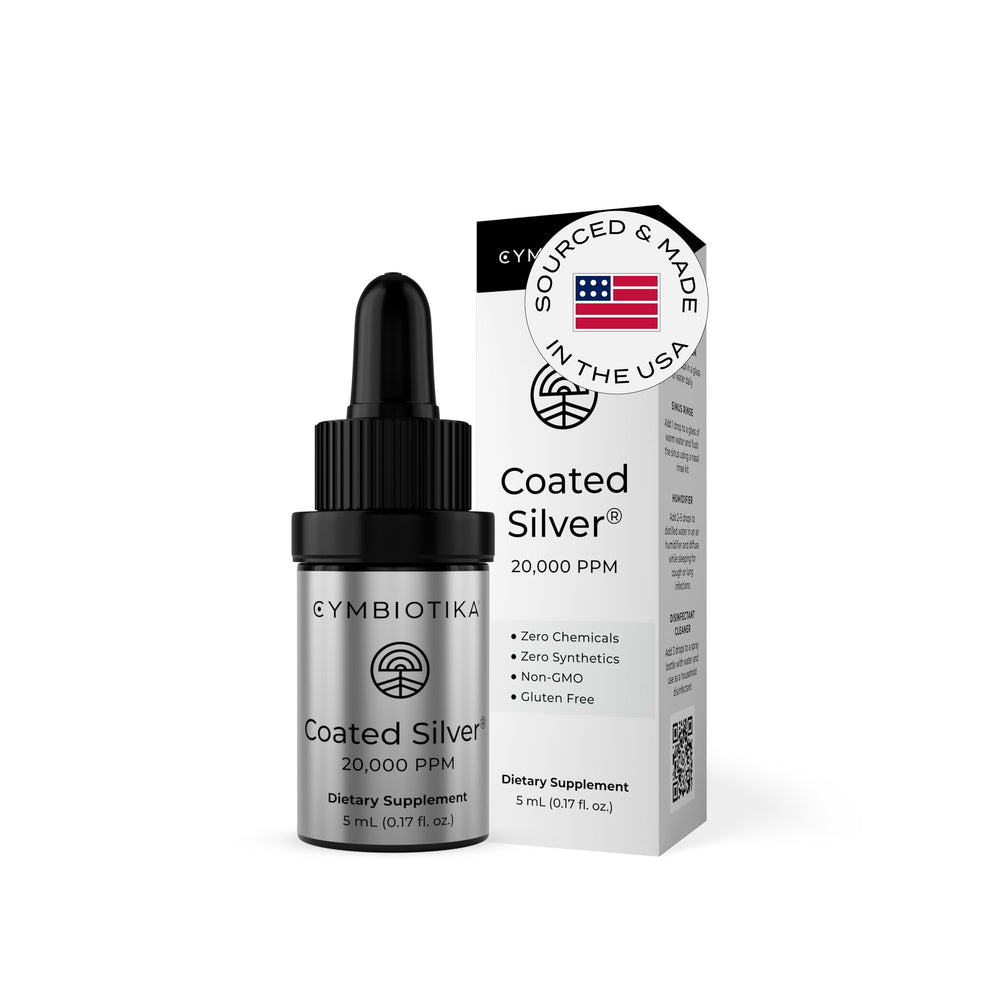 CYMBIOTIKA coated silver bottle ready for daily dosing and immune support.