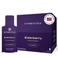 CYMBIOTIKA elderberry syrup pouch being poured for convenient daily immune support.
