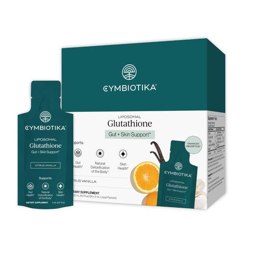 CYMBIOTIKA liposomal glutathione bottle with advanced antioxidant delivery.