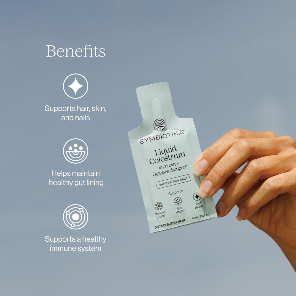 CYMBIOTIKA Liquid Colostrum packet for easy, on-the-go daily intake.