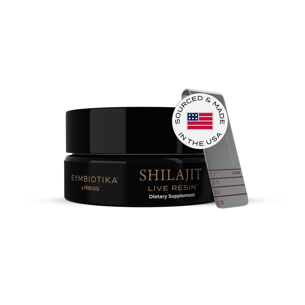 CYMBIOTIKA Pure Himalayan Shilajit Resin bottle shows 84 minerals for daily vitality