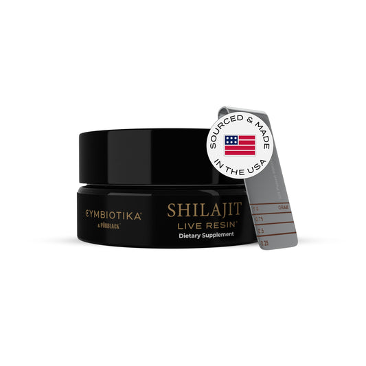 CYMBIOTIKA Pure Himalayan Shilajit Resin bottle shows 84 minerals for daily vitality