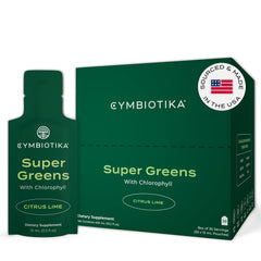 CYMBIOTIKA Super Greens pouch pour for on-the-go daily nutrition.