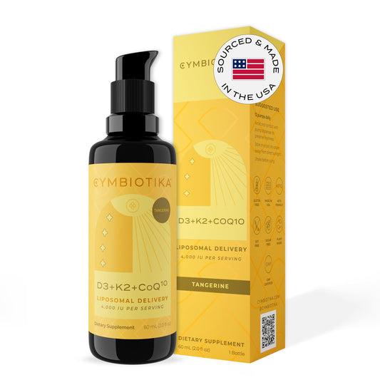 CYMBIOTIKA vitamin D3 K2 CoQ10 liquid bottle shows premium liposomal formula for absorption.