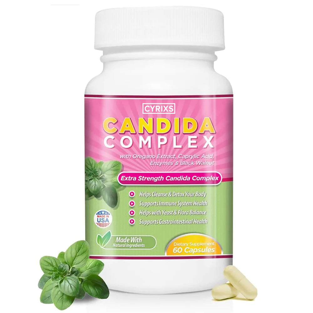 Cyrixs Health Candida Complex bottle with capsules for daily gut balance