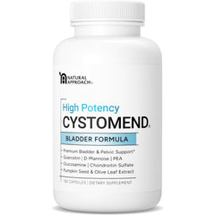 CystoMend bottle front label highlighting bladder support formula for daily use