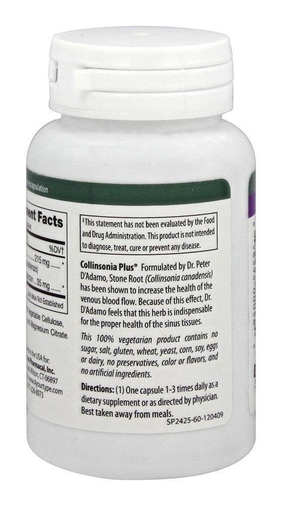 D'Adamo Collinsonia Plus label close-up showing 60 capsules per bottle