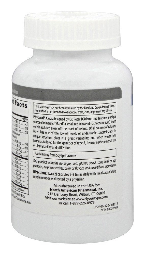 D'Adamo Phytocal A 120 Vcaps box shows clear packaging for informed choices.
