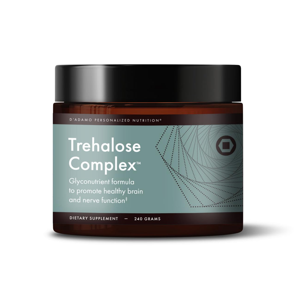 D'Adamo Genoma Trehalose Complex bottle pour supports easy daily dosing.