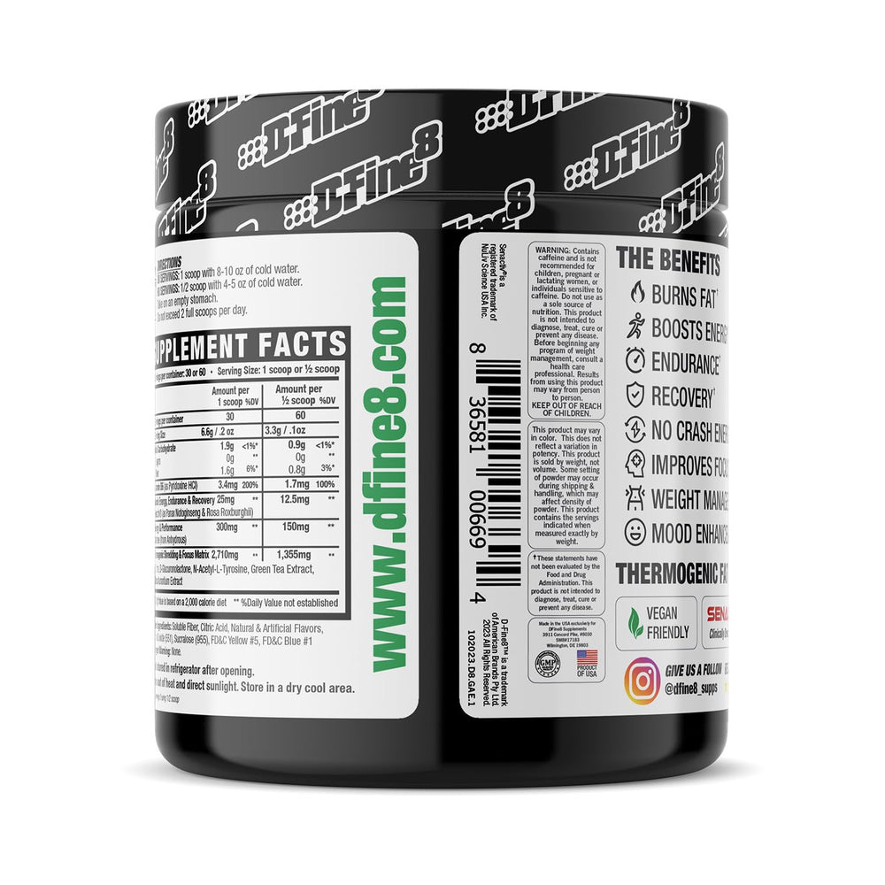 D-Fine8 bottle with shaker promotes convenient pre-workout routine.