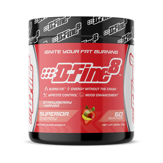 D-Fine8 thermogenic pre-workout bottle with energy-boosting formula for focused, intense workouts.