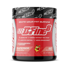 D-Fine8 thermogenic pre-workout bottle with energy-boosting formula for focused, intense workouts.