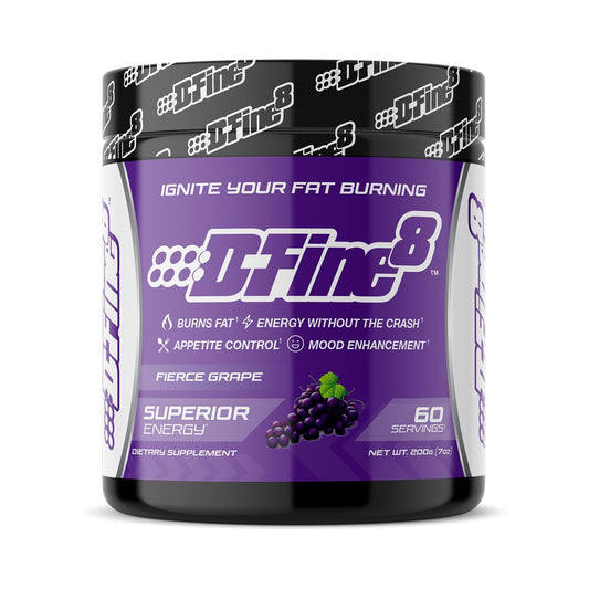 D-Fine8 thermogenic pre-workout powder tub for energy boost