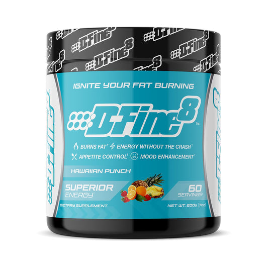 D-Fine8 thermogenic tub front with energy-boosting pre-workout formula.
