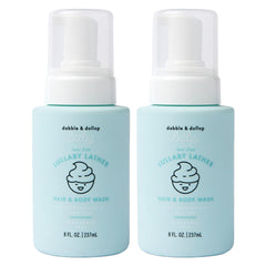 Dabble & Dollop Lullaby Lather bottle demonstrates tear-free cleansing for baby skin.