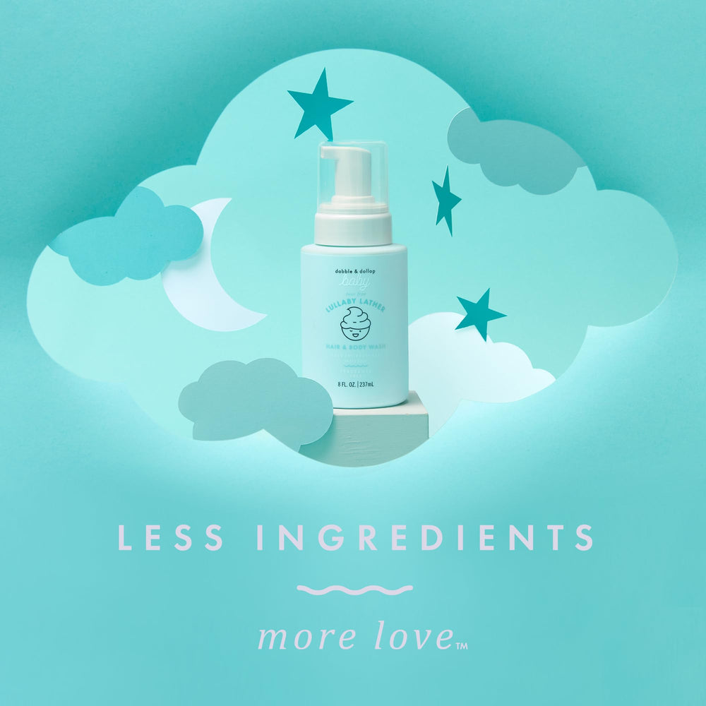 Dabble & Dollop Lullaby Lather foam demonstrates rich, easy-to-rinse lather for bath time.