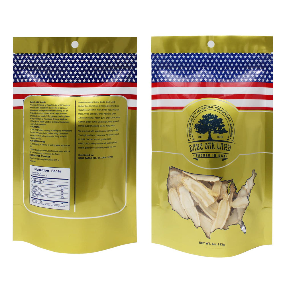 DABC OAK LAND Wisconsin ginseng slices in a bag, ideal for easy brewing.