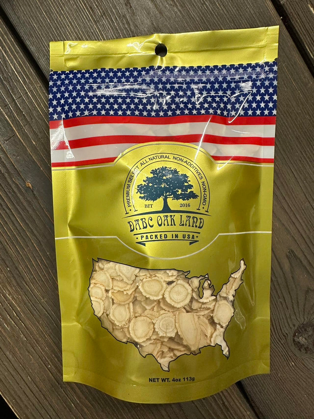 DABC OAK LAND purity and testing label on ginseng slices