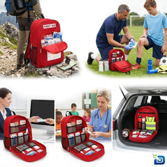 DABOS first aid backpack red carrying straps for comfortable travel.