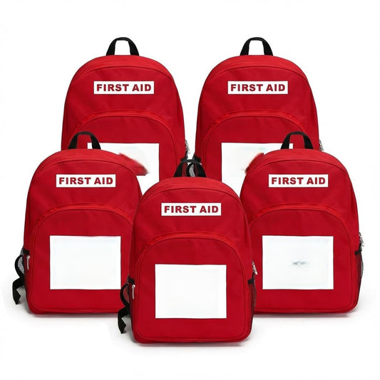 DABOS first aid backpack red front view for quick emergency access.