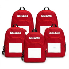 DABOS first aid backpack red front view for quick emergency access.