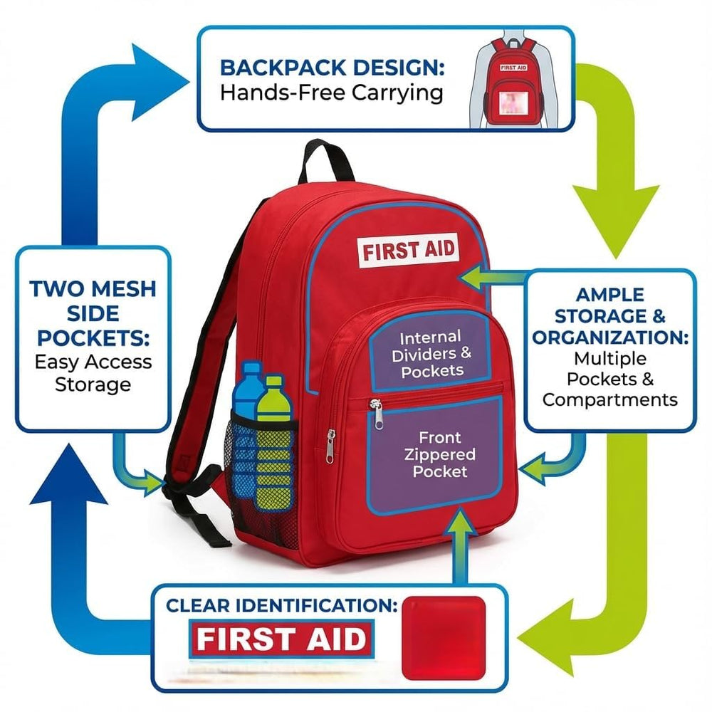 DABOS first aid backpack red interior organizer for tidy medical supplies.