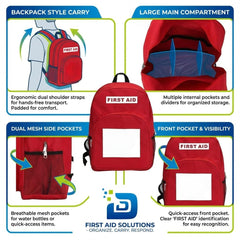 DABOS first aid backpack red side pocket for extra storage on the go.