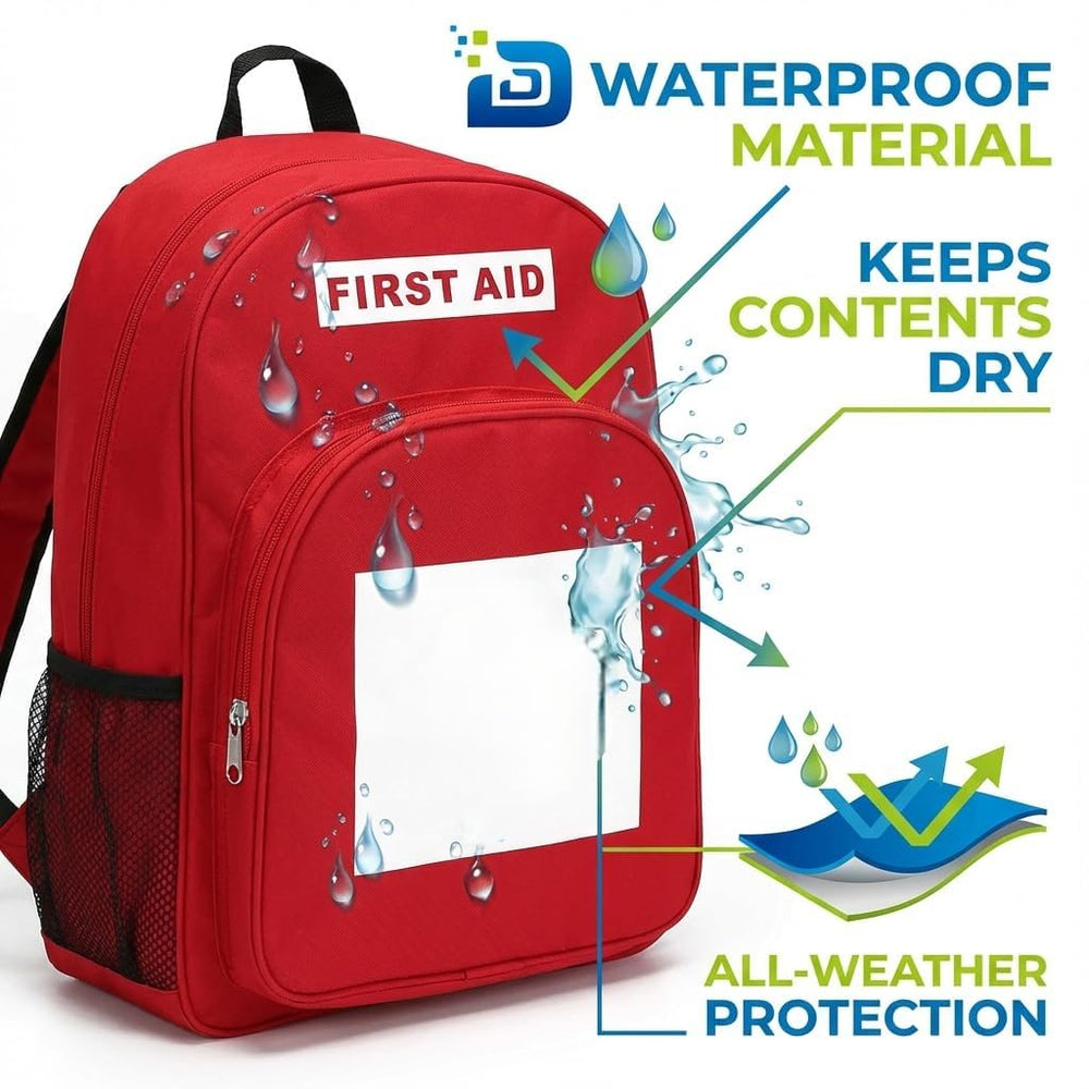 DABOS first aid backpack red waterproof fabric closeup showing durability.