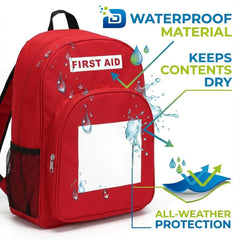 DABOS first aid backpack red waterproof fabric closeup showing durability.