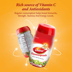 Amber-colored Dabur Chyawanprash spread in a jar inviting aroma.