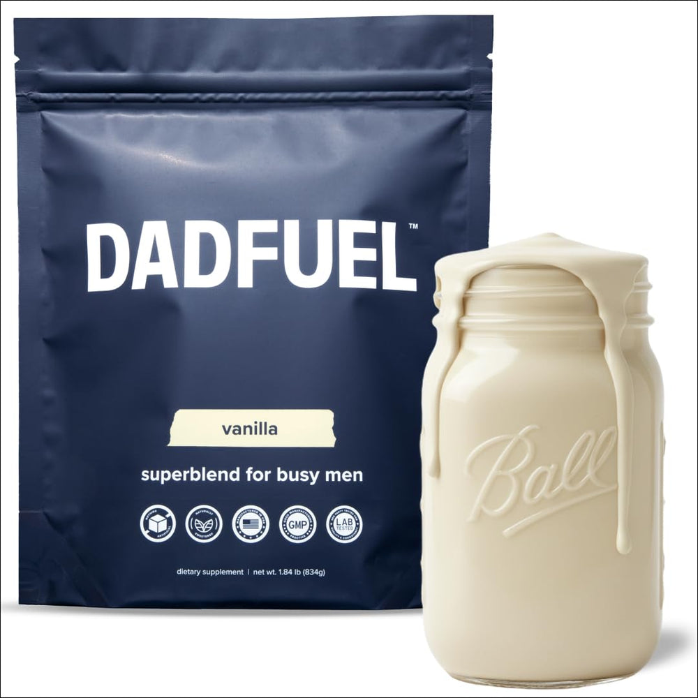 DADFUEL all-in-one shake label shows clean nutrition for busy dads.