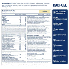 DADFUEL meal replacement powder jar highlights convenient high-protein option.