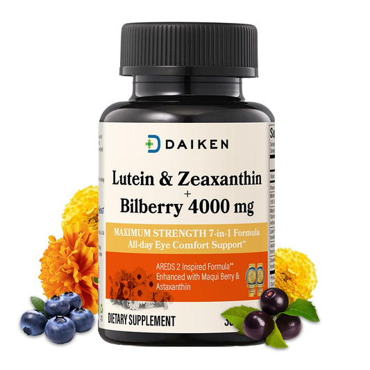 DAIKEN Lutein Zeaxanthin softgel bottle for daily eye support and blue light filtration.