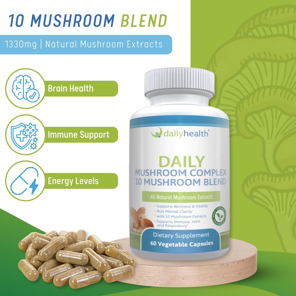 Daily Health 10 Mushroom Blend capsules close-up for convenient daily supplementation.