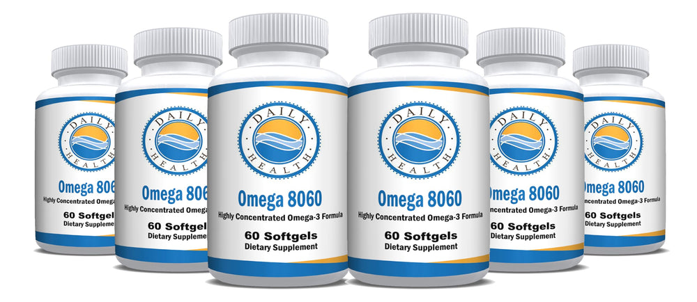 Daily Health Omega 8060 bottle front shows 60 softgels for daily use