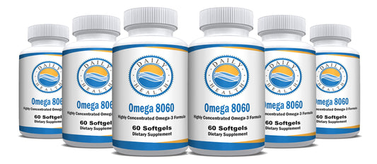 Daily Health Omega 8060 bottle front shows 60 softgels for daily use