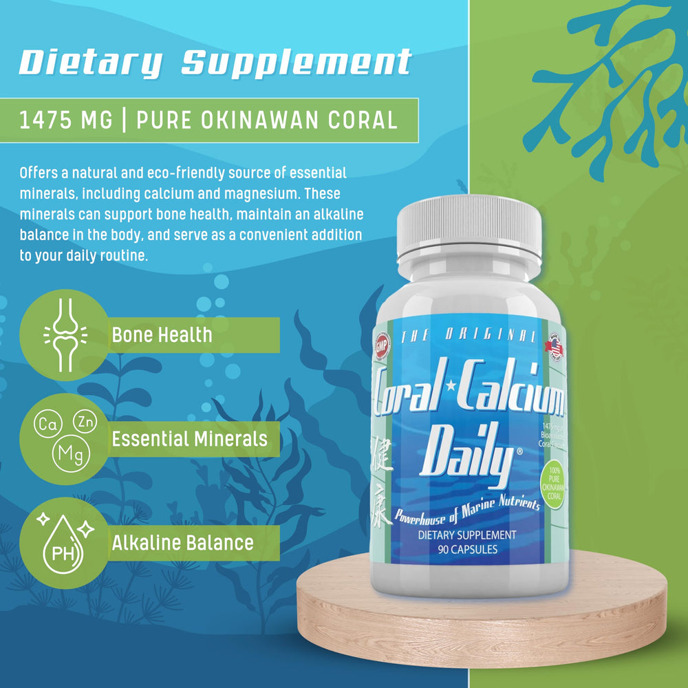 Daily Health Coral Calcium bottle label close-up highlighting minerals for wellness.