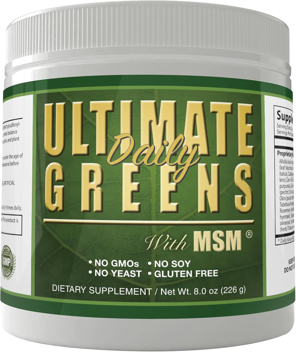 Daily Health Ultimate Daily Greens dietary-supplement-label highlights vegan gluten-free credentials.