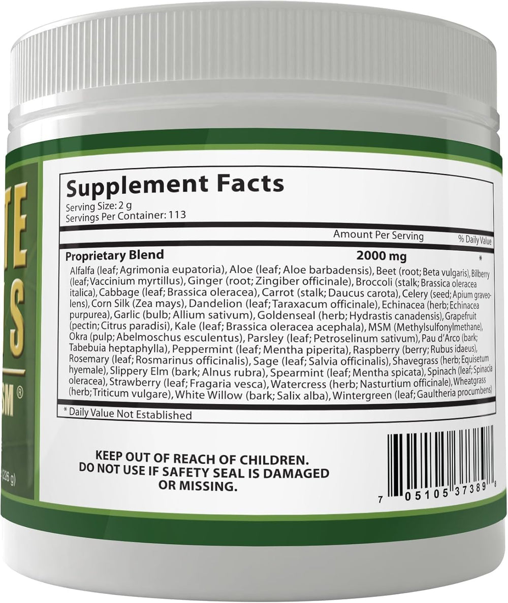 Daily Health Ultimate Daily Greens MSM powder closeup emphasizes MSM for body support.