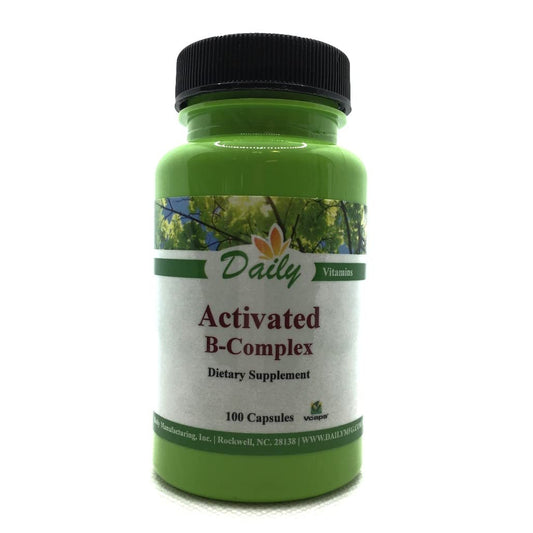 Daily Manufacturing Activated B-Complex bottle showing vegan formula for daily wellness.