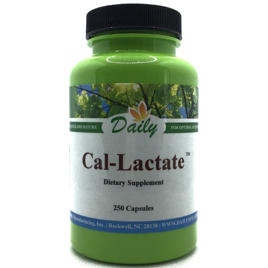 Daily Manufacturing Calcium Lactate bottle front for daily mineral intake.