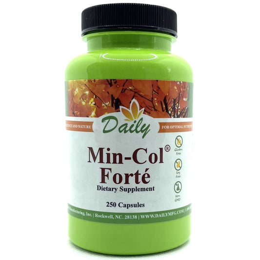 Daily Manufacturing Min-Col Forte bottle close-up for daily mineral supplementation