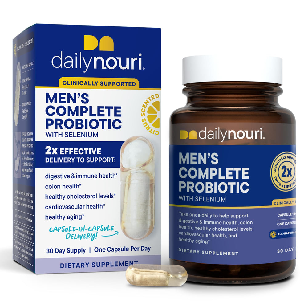 Daily Nouri Probiotics for Men bottle front promotes daily digestive balance.