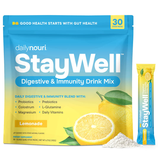 Daily Nouri StayWell lemonade stick pack ready for on-the-go gut support.
