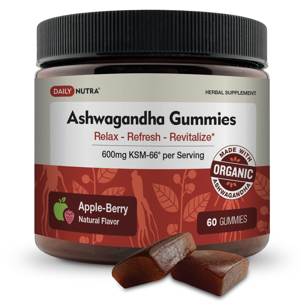 DailyNutra KSM-66 Ashwagandha Gummies bottle packaging promotes calm focus.