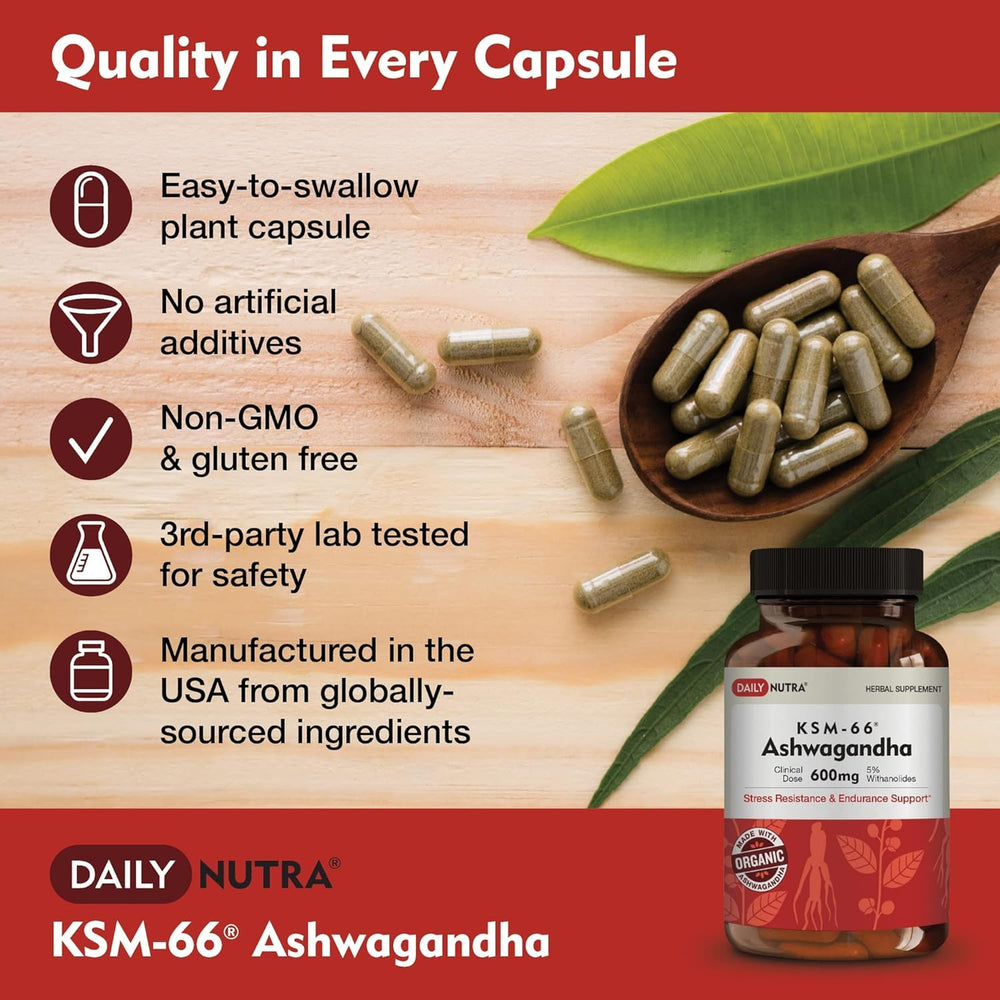 DailyNutra KSM-66 packaging display emphasizes USA-made, tested purity.